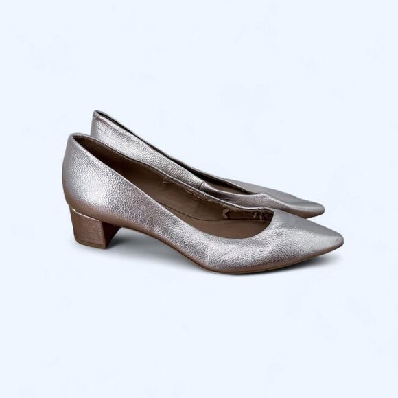 Calvin Klein Shoes - Metallic Champagne Gold Pebble Grain Leather Pointed Toe Low Block Heels